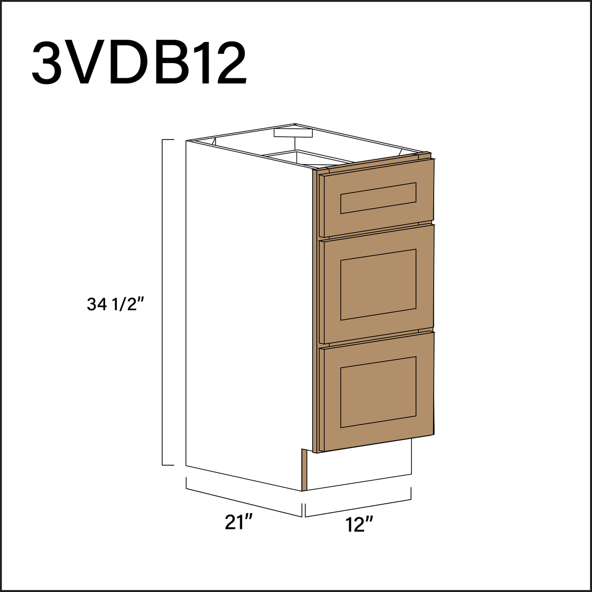 Wood Brown Shaker Vanity 3-Drawer Storage Cabinet - 12&quot; W x 34.5&quot; H x 21&quot; D