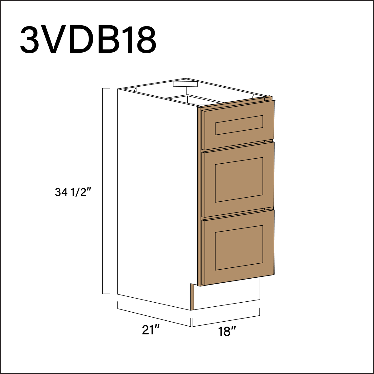 Wood Brown Shaker Vanity 3-Drawer Storage Cabinet - 18&quot; W x 34.5&quot; H x 21&quot; D