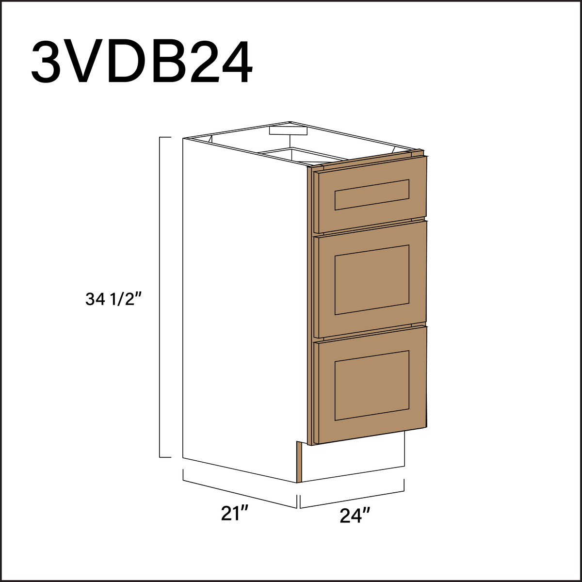 Wood Brown Shaker Vanity 3-Drawer Storage Cabinet - 24&quot; W x 34.5&quot; H x 21&quot; D