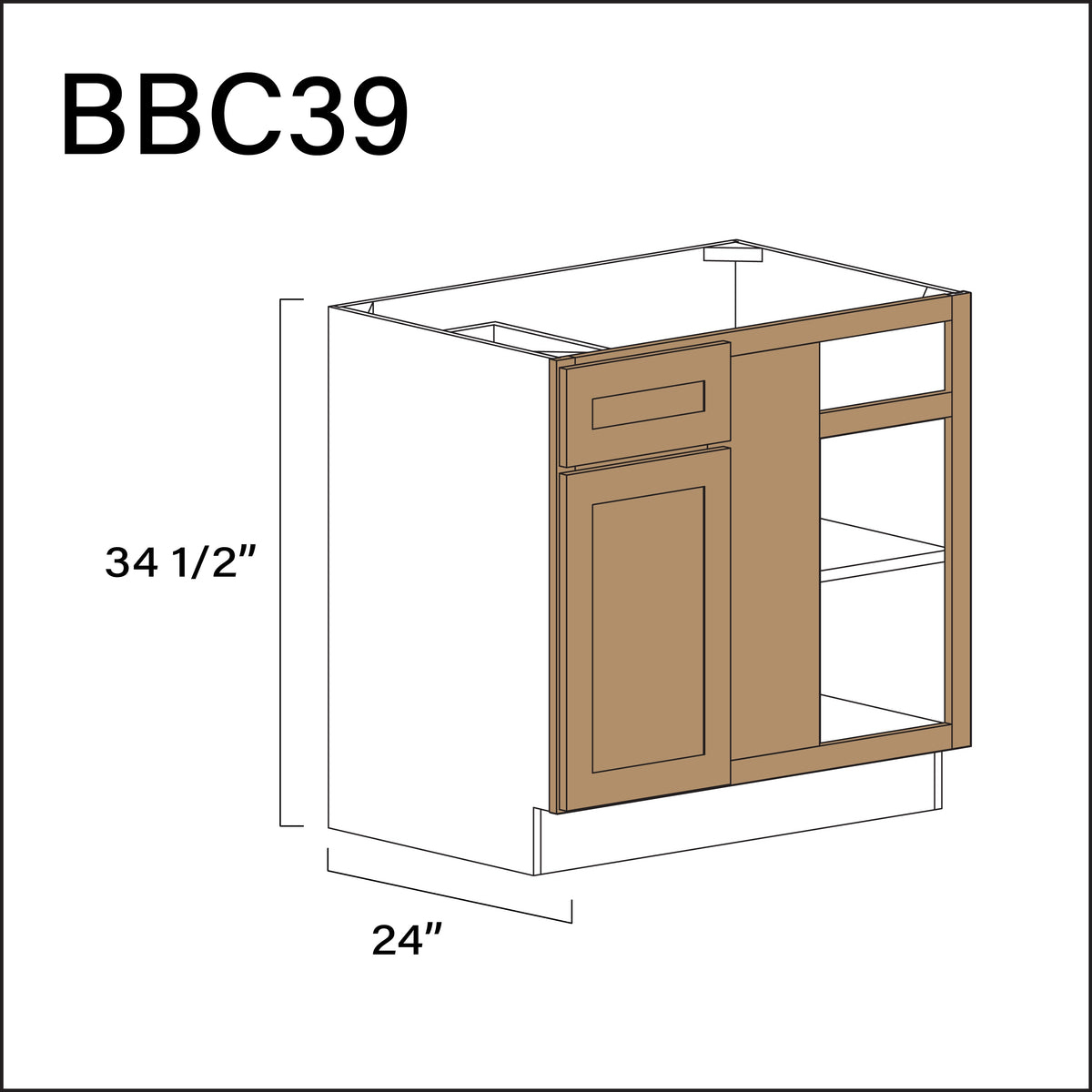 Wood Brown Shaker Base Blind Corner Cabinet - 36&quot; W x 34.5&quot; H x 24&quot; D