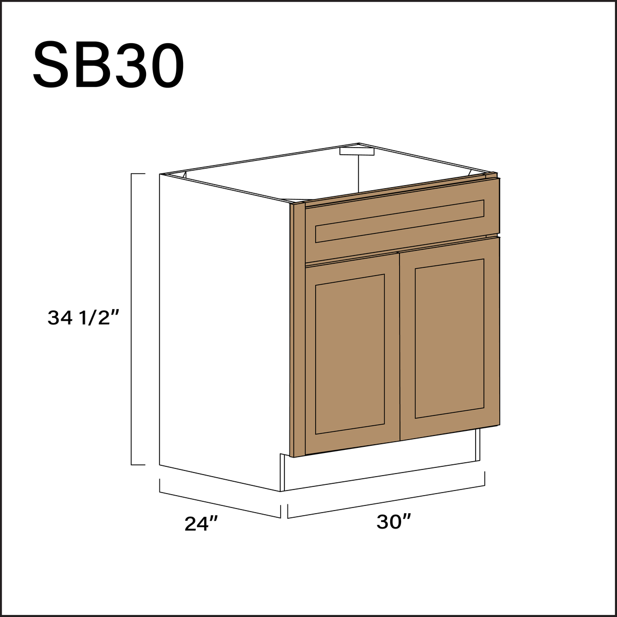 Wood Brown Shaker Sink Base Kitchen Cabinet - 30&quot; W x 34.5&quot; H x 24&quot; D