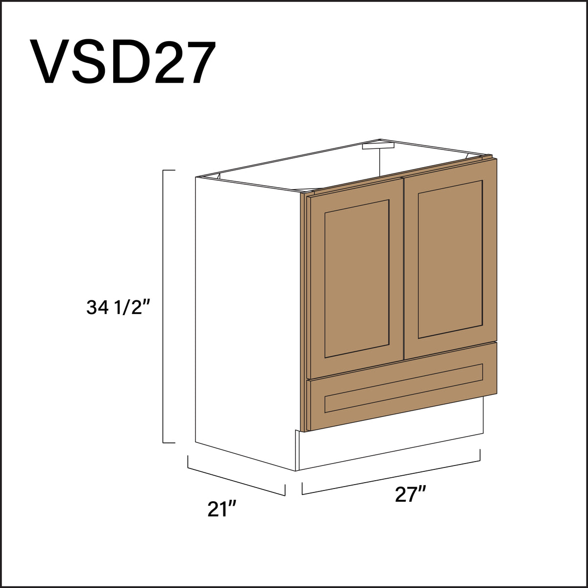 Wood Brown Shaker Bottom Drawer Vanity Sink Base Cabinet - 27&quot; W x 34.5&quot; H x 21&quot; D