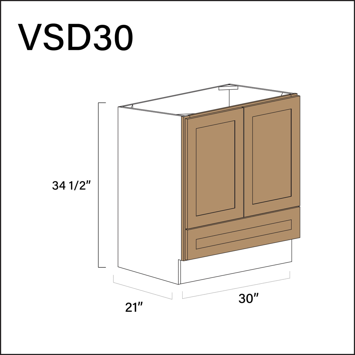 Wood Brown Shaker Bottom Drawer Vanity Sink Base Cabinet - 30&quot; W x 34.5&quot; H x 21&quot; D