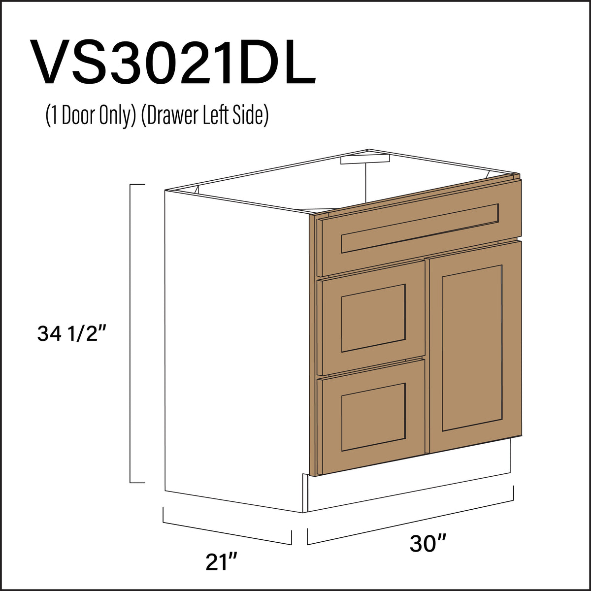 Wood Brown Shaker 2-Drawer Vanity (L) Base Cabinet - 30&quot; W x 34.5&quot; H x 21&quot; D