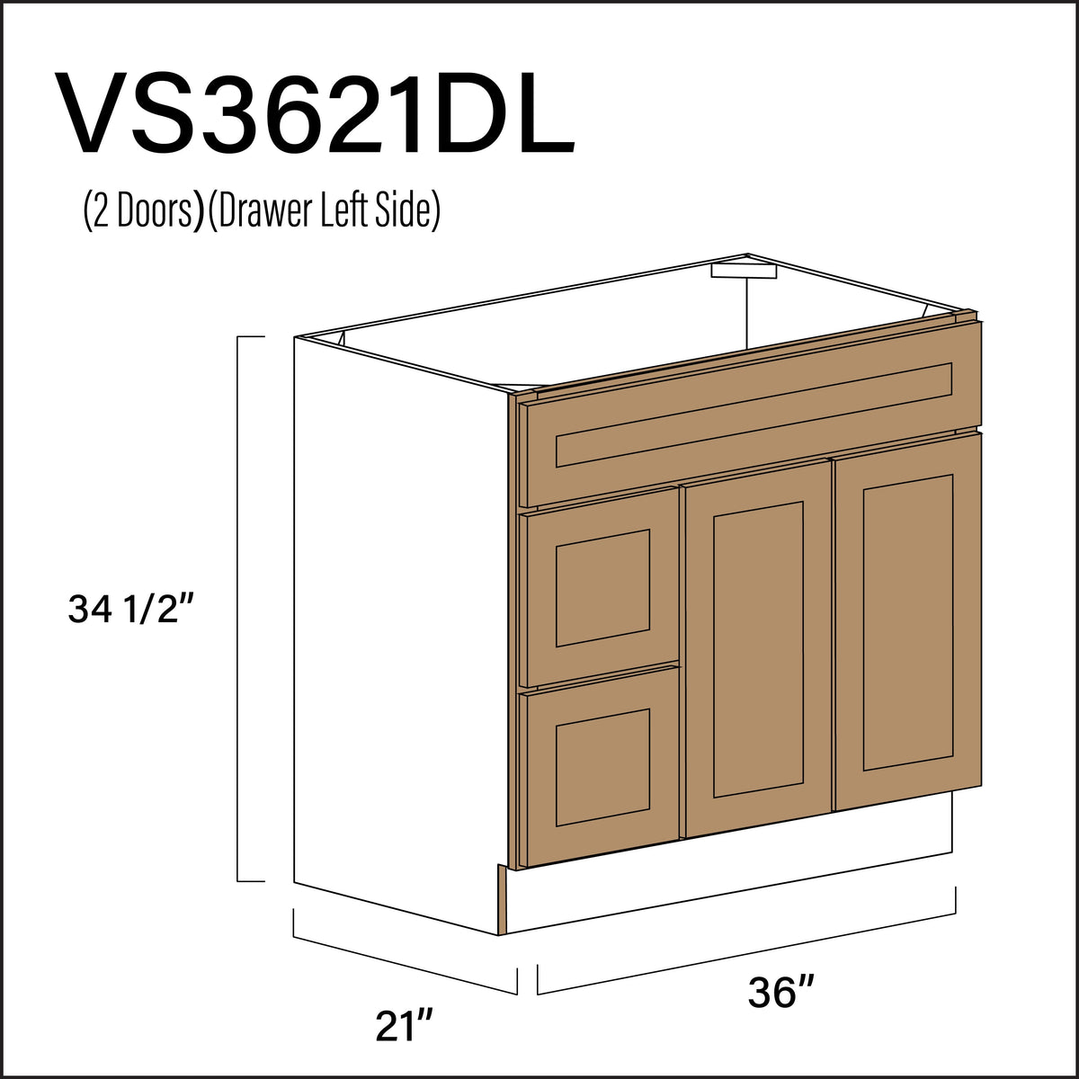 Wood Brown Shaker 2-Drawer Vanity (L) Base Cabinet - 36&quot; W x 34.5&quot; H x 21&quot; D