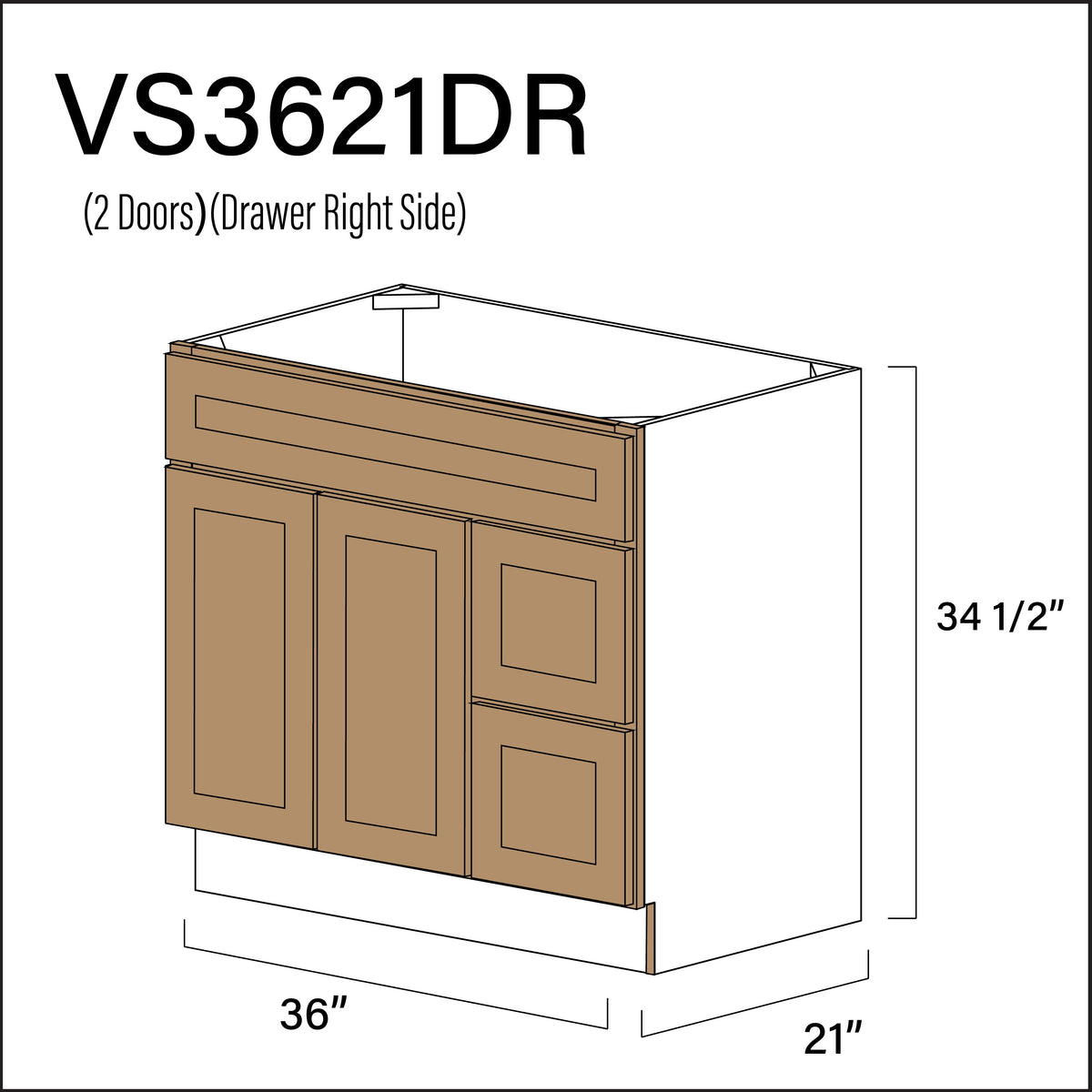 Wood Brown Shaker 2-Drawer Vanity (R) Base Cabinet - 36&quot; W x 34.5&quot; H x 21&quot; D