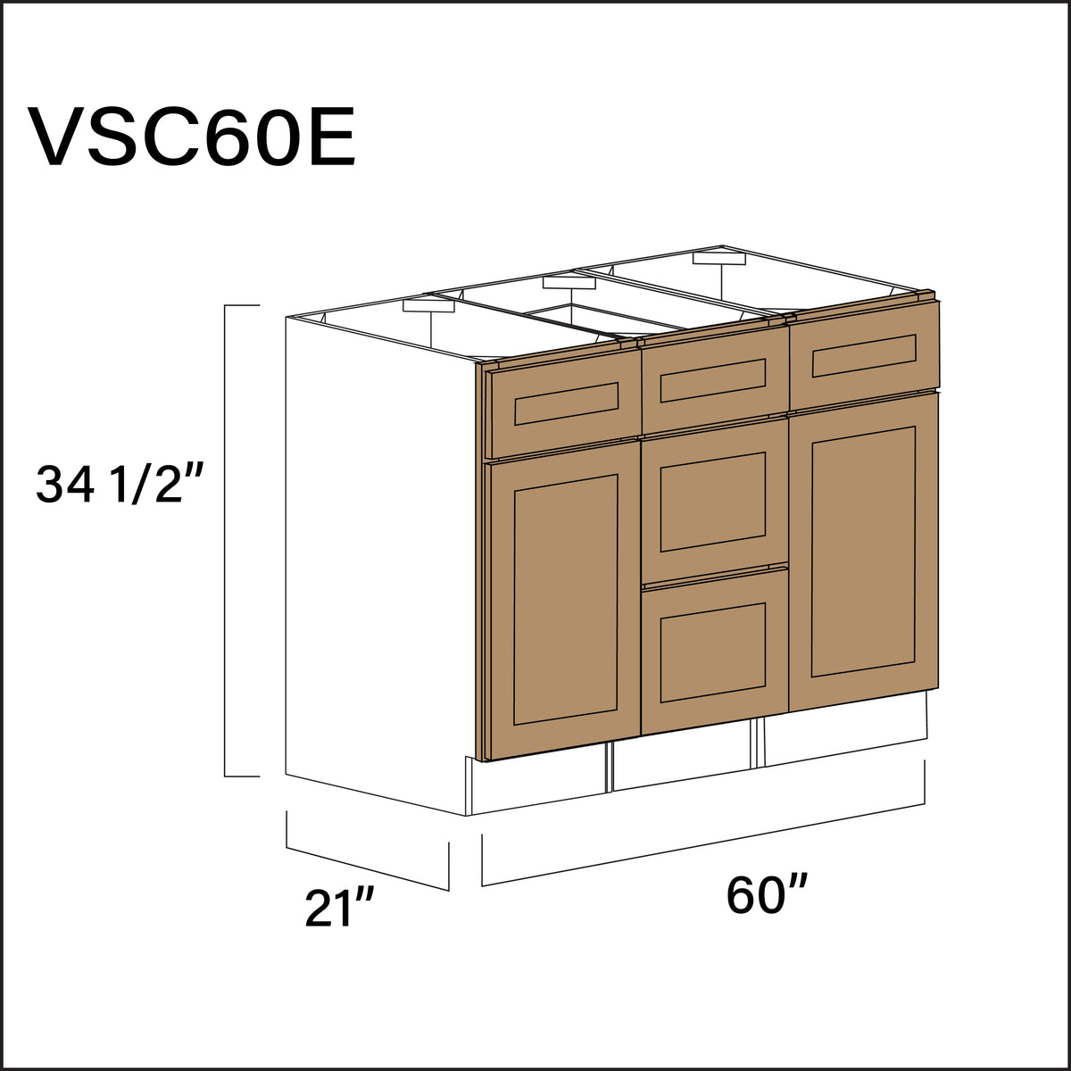 Wood Brown Shaker Vanity Sink Combo E Cabinets - 60&quot; W x 34.5&quot; H x 21&quot; D