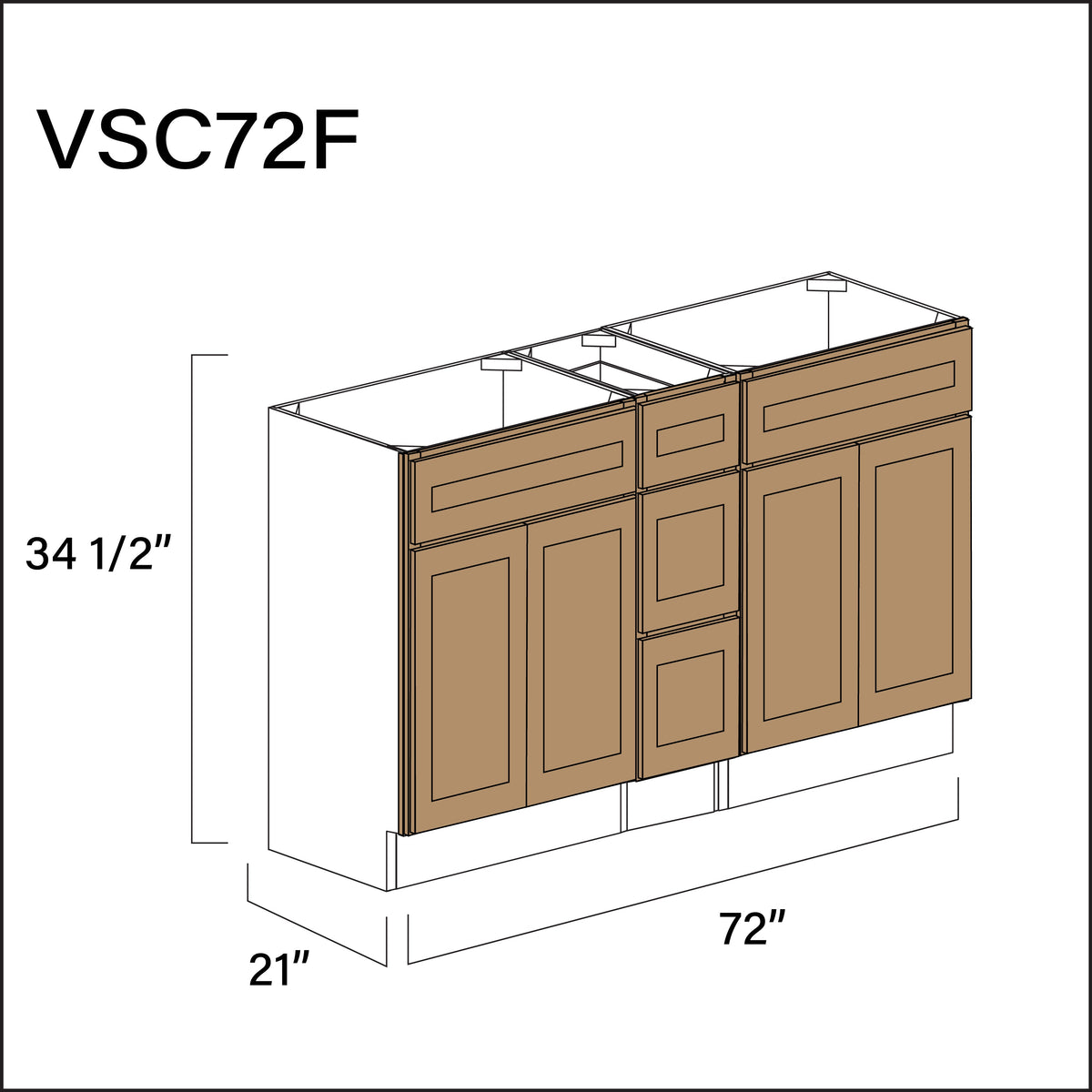 Wood Brown Shaker Vanity Sink Combo F Cabinets - 72&quot; W x 34.5&quot; H x 21&quot; D