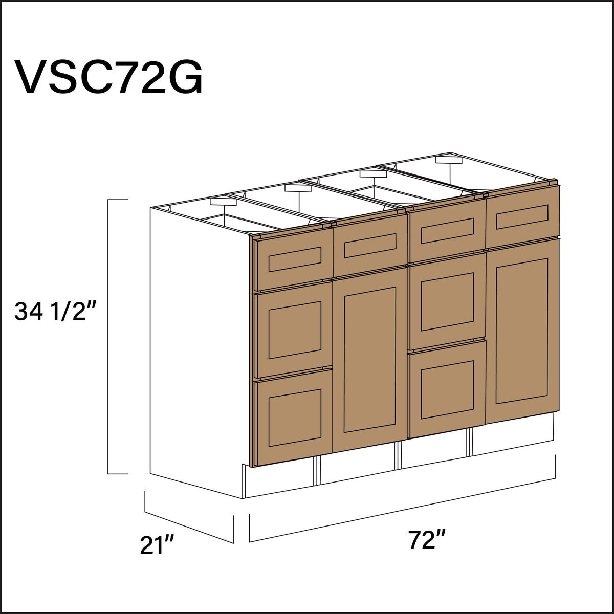 Wood Brown Shaker Vanity Sink Combo G Cabinets - 72&quot; W x 34.5&quot; H x 21&quot; D