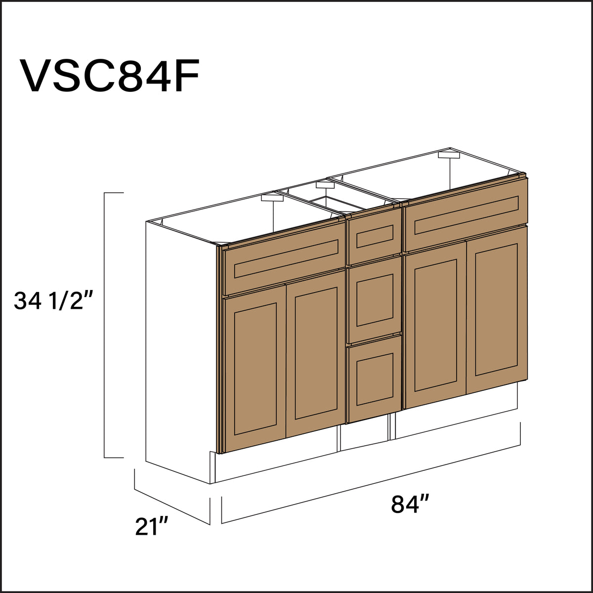 Wood Brown Shaker Vanity Sink Combo F Cabinets - 84&quot; W x 34.5&quot; H x 21&quot; D