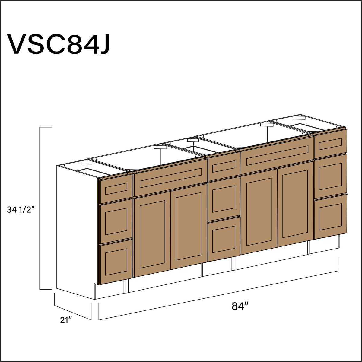 Wood Brown Shaker Vanity Sink Combo J Cabinets - 84&quot; W x 34.5&quot; H x 21&quot; D