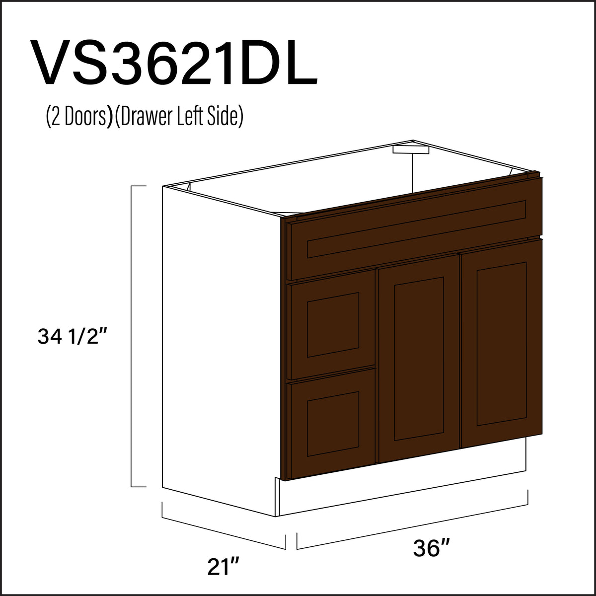 Espresso Shaker 2-Drawer Vanity (L) Base Cabinet - 36&quot; W x 34.5&quot; H x 21&quot; D