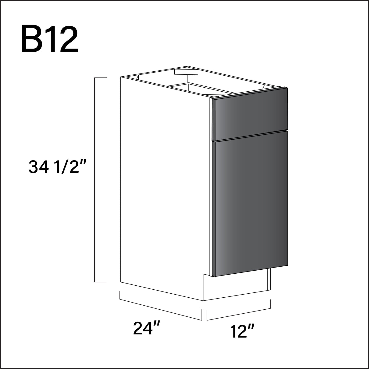 Glossy Gray Frameless 1 Drawer 1 Door Kitchen Base Cabinet - 12&quot; W x 34.5&quot; H x 24&quot; D