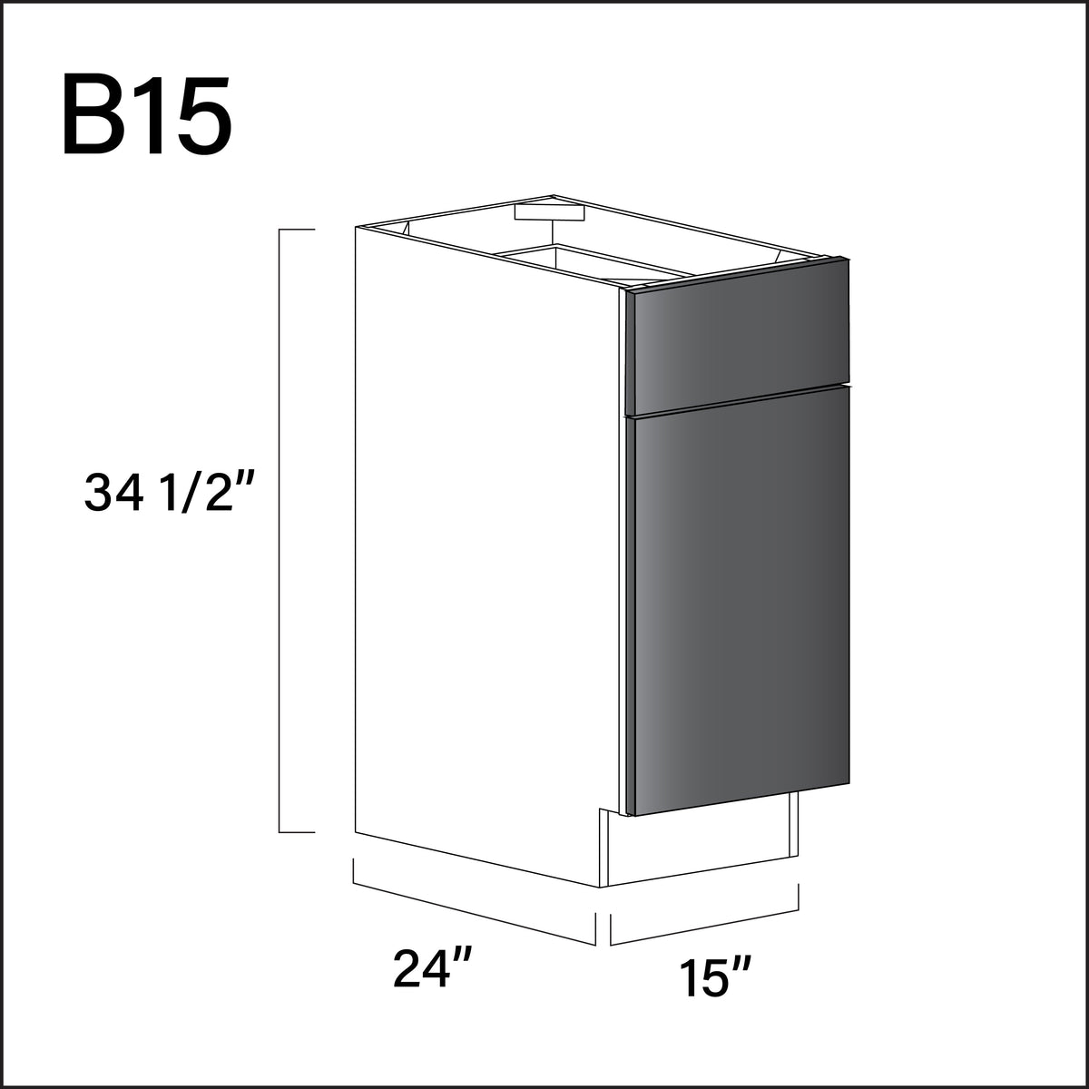 Glossy Gray Frameless 1 Drawer 1 Door Kitchen Base Cabinet - 15&quot; W x 34.5&quot; H x 24&quot; D