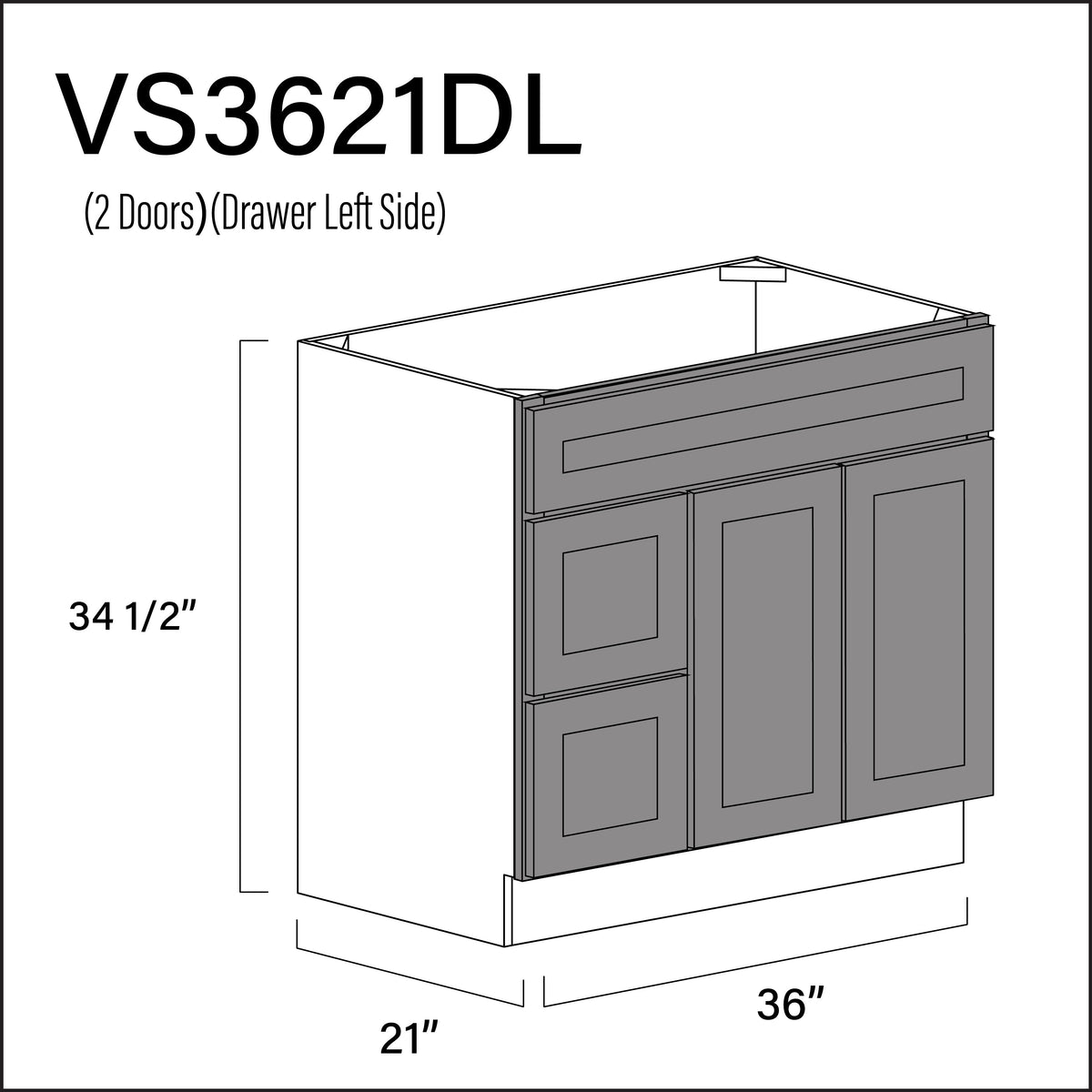 Earth Grey Shaker 2-Drawer Vanity (L) Base Cabinet - 36&quot; W x 34.5&quot; H x 21&quot; D