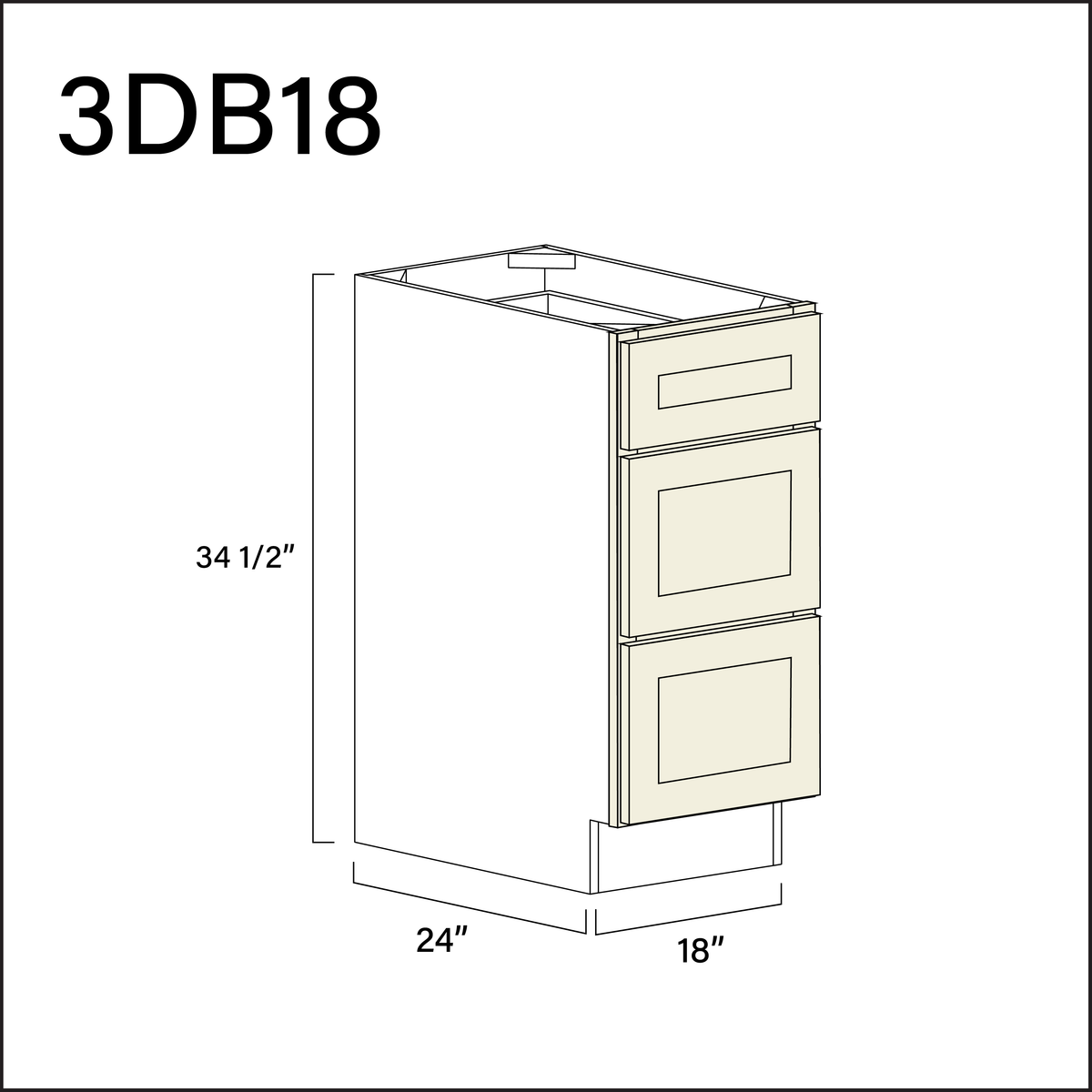 Milkshake White 3 Drawer Kitchen Base Cabinet - 18&quot; W x 34.5&quot; H x 24&quot; D