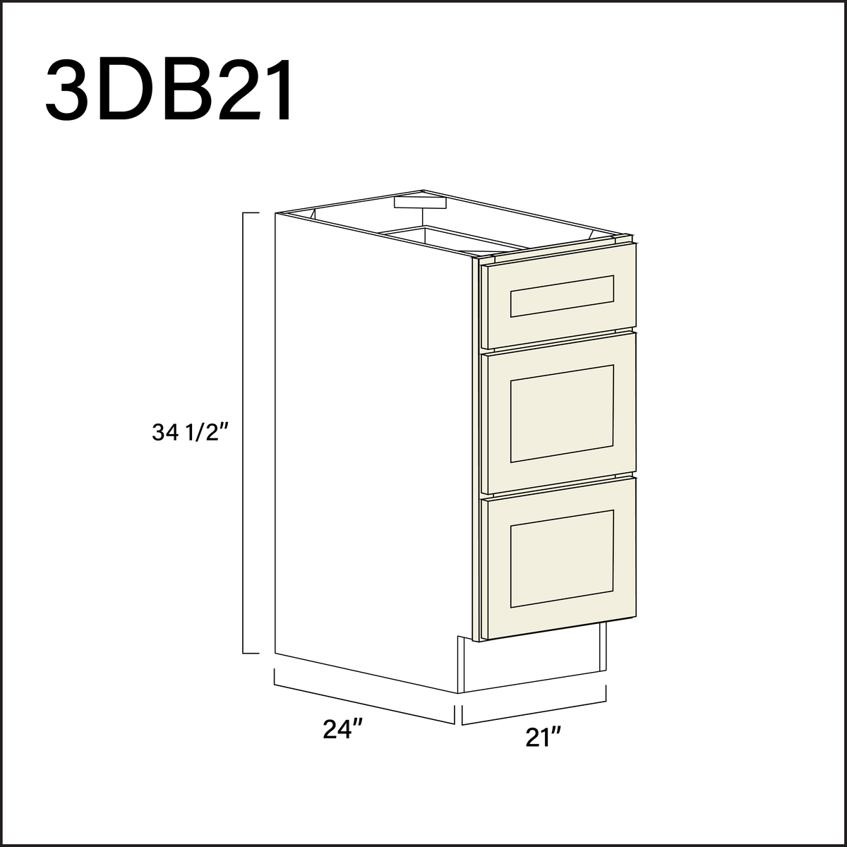 Milkshake White 3 Drawer Kitchen Base Cabinet - 21&quot; W x 34.5&quot; H x 24&quot; D