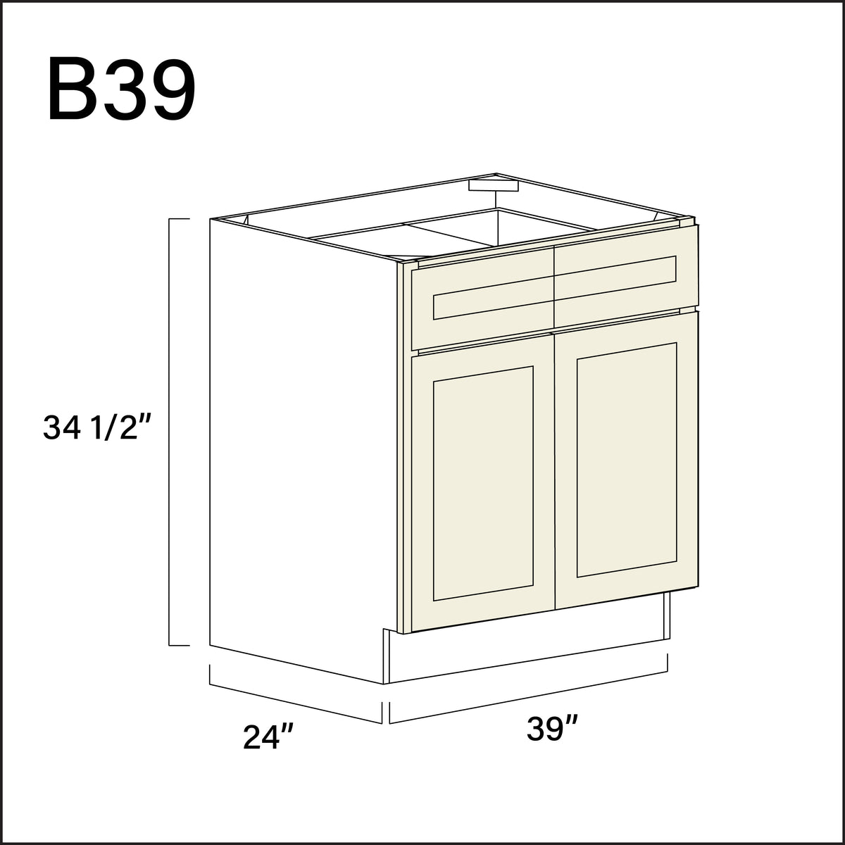 Milkshake White 2 Drawer 2 Door Kitchen Base Cabinet - 39&quot; W x 34.5&quot; H x 24&quot; D