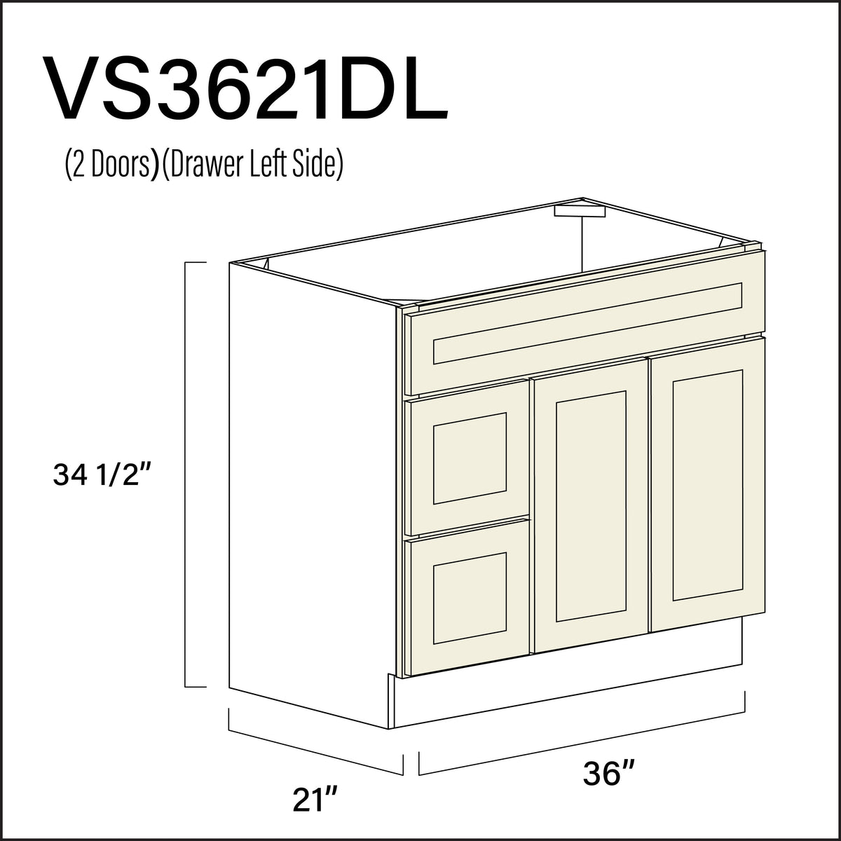 Milkshake White 2-Drawer Vanity (L) Base Cabinet - 36&quot; W x 34.5&quot; H x 21&quot; D