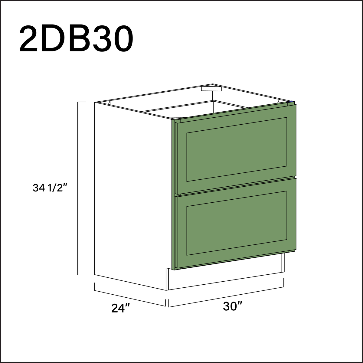 Emerald Green Shaker 2 Drawer Kitchen Base Cabinet - 30&quot; W x 34.5&quot; H x 24&quot; D