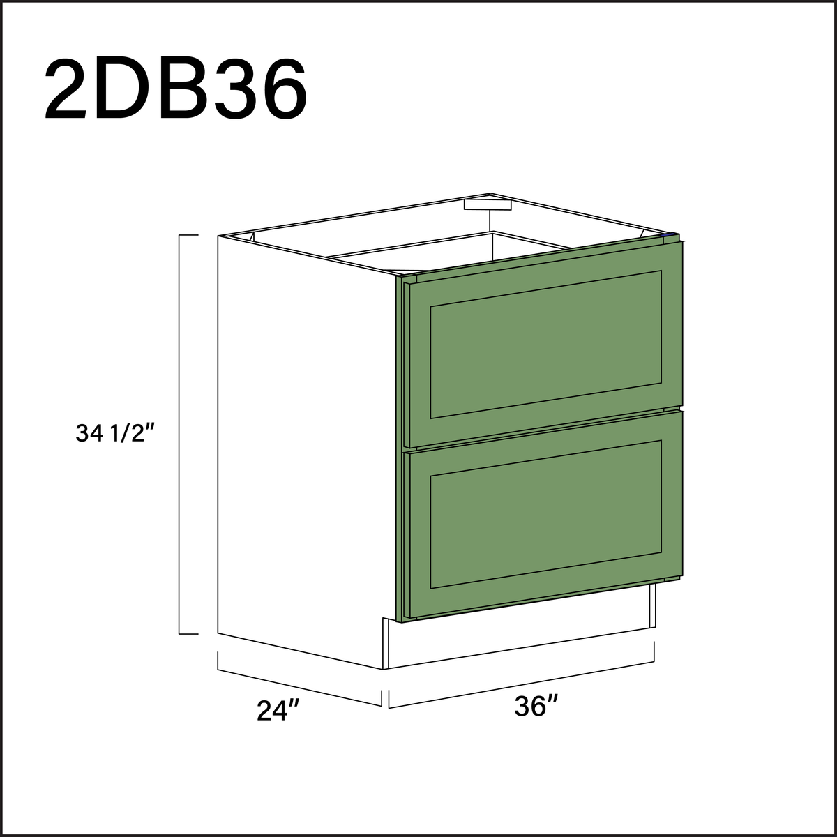 Emerald Green Shaker 2 Drawer Kitchen Base Cabinet - 36&quot; W x 34.5&quot; H x 24&quot; D