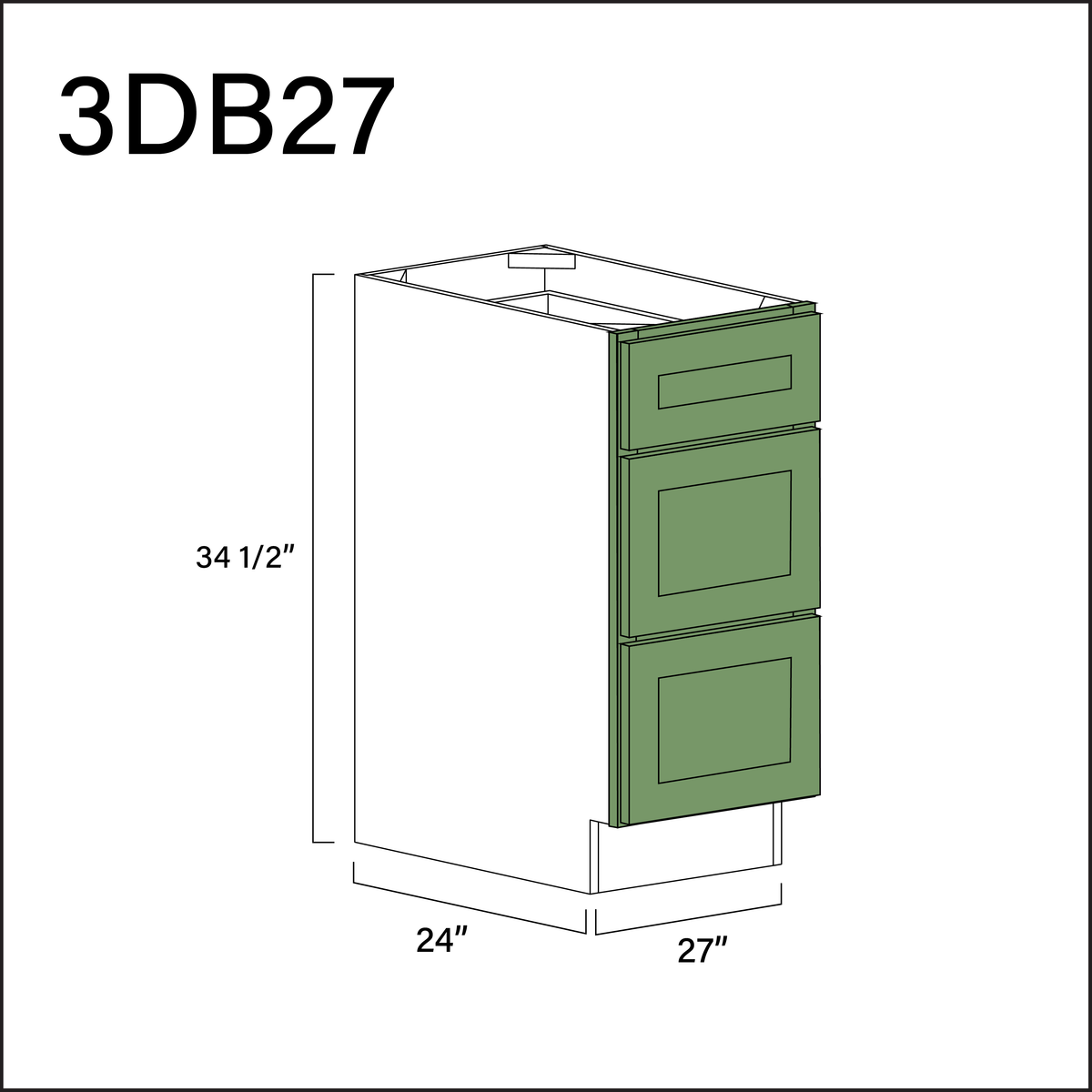 Emerald Green Shaker 3 Drawer Kitchen Base Cabinet - 27&quot; W x 34.5&quot; H x 24&quot; D