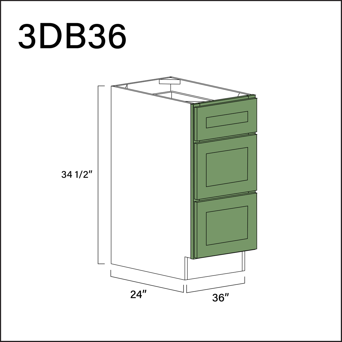 Emerald Green Shaker 3 Drawer Kitchen Base Cabinet - 36&quot; W x 34.5&quot; H x 24&quot; D