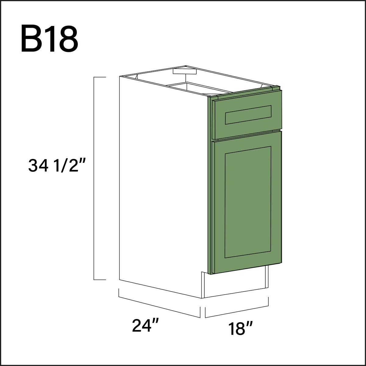 Emerald Green Shaker 1 Drawer 1 Door Kitchen Base Cabinet - 18&quot; W x 34.5&quot; H x 24&quot; D