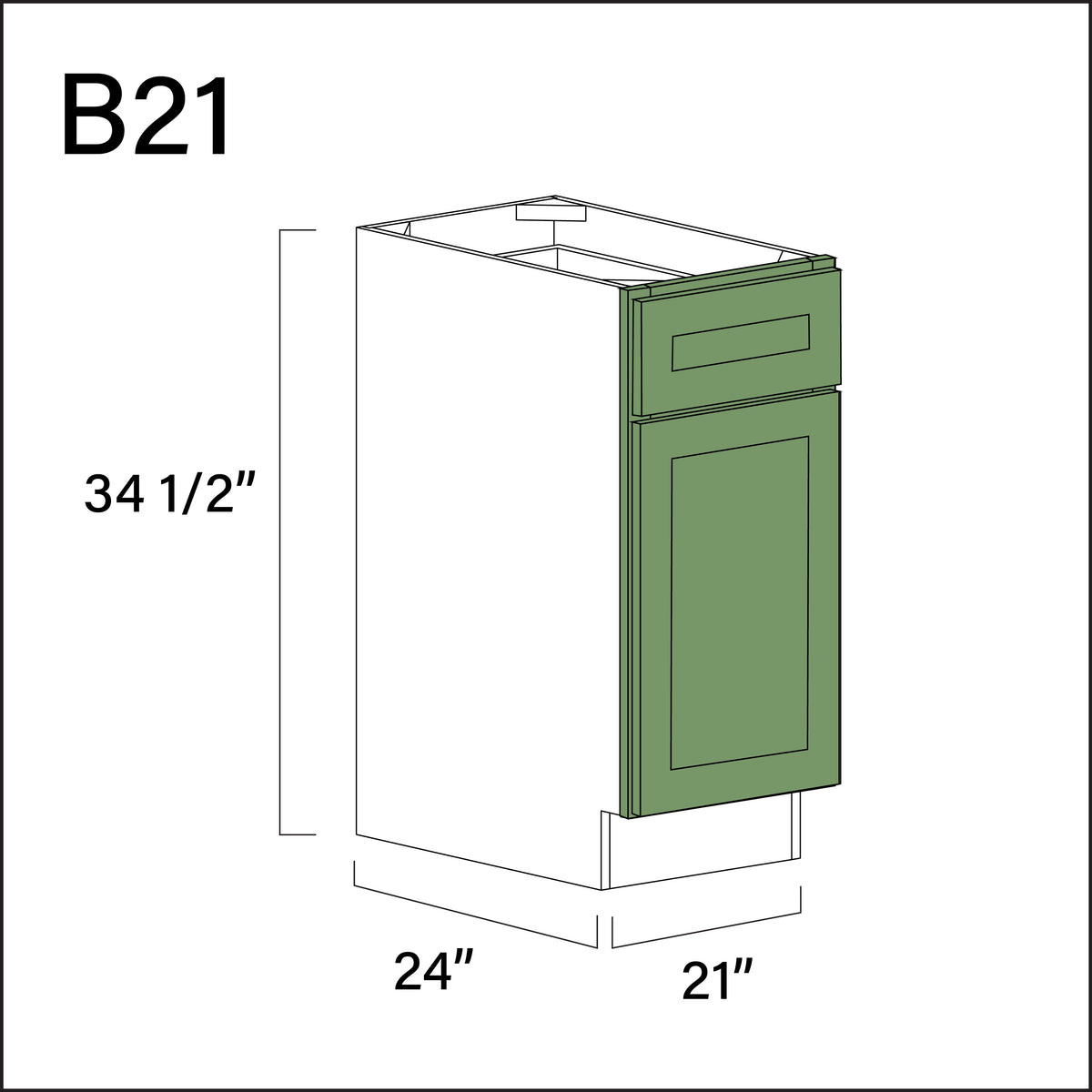Emerald Green Shaker 1 Drawer 1 Door Kitchen Base Cabinet - 21&quot; W x 34.5&quot; H x 24&quot; D