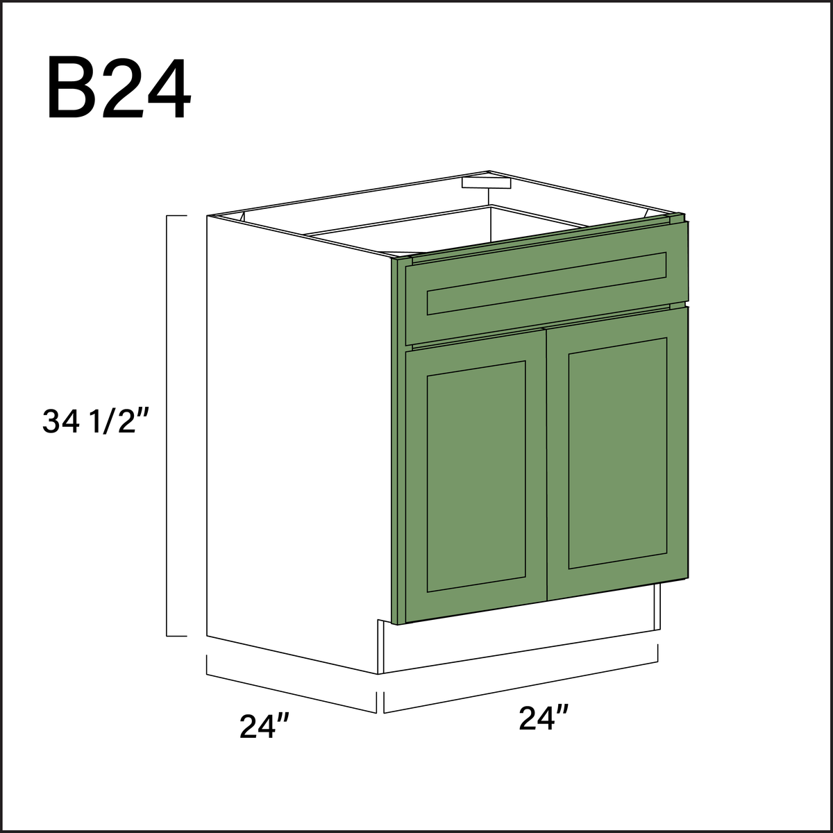 Emerald Green Shaker 1 Drawer 2 Door Kitchen Base Cabinet - 24&quot; W x 34.5&quot; H x 24&quot; D