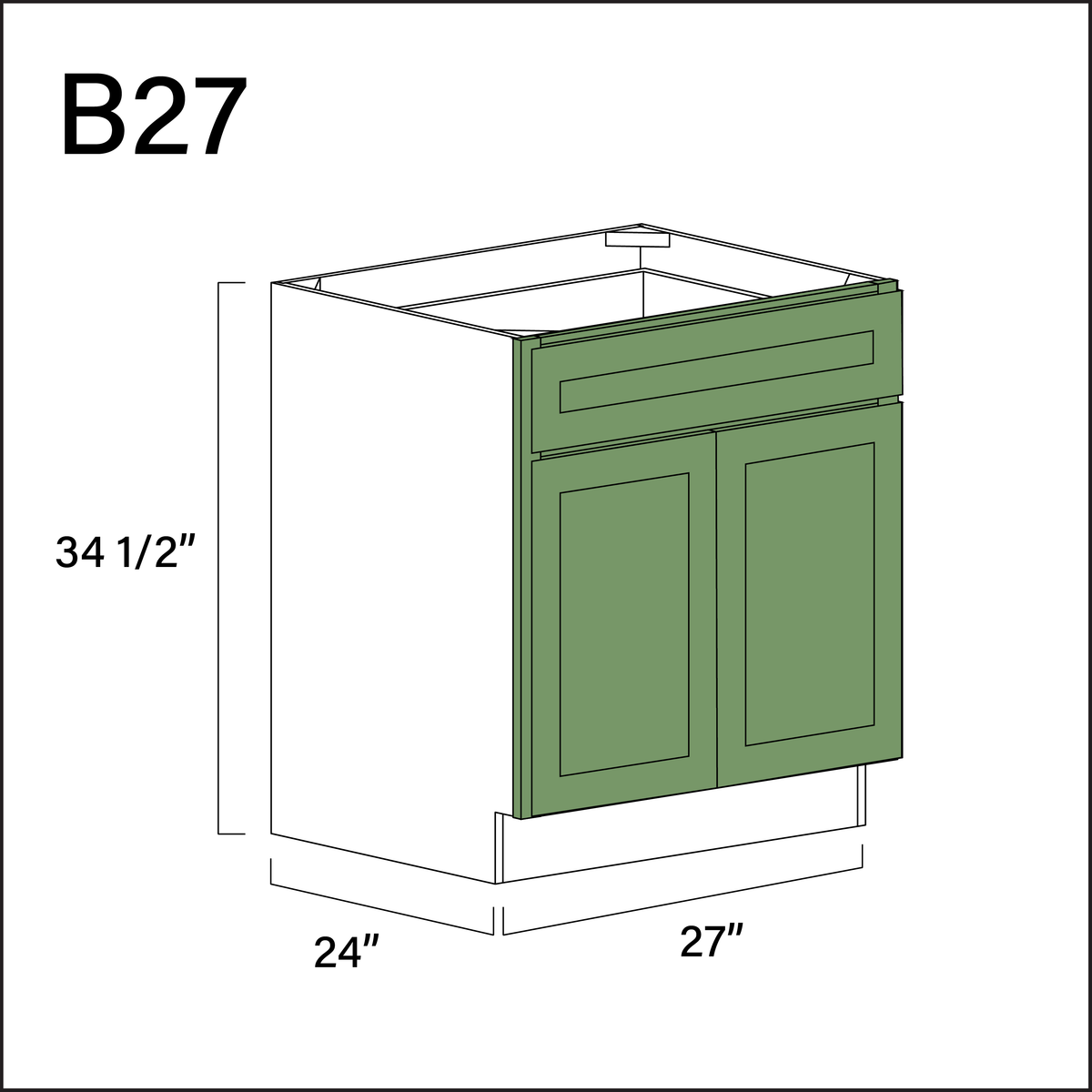 Emerald Green Shaker 1 Drawer 2 Door Kitchen Base Cabinet - 27&quot; W x 34.5&quot; H x 24&quot; D