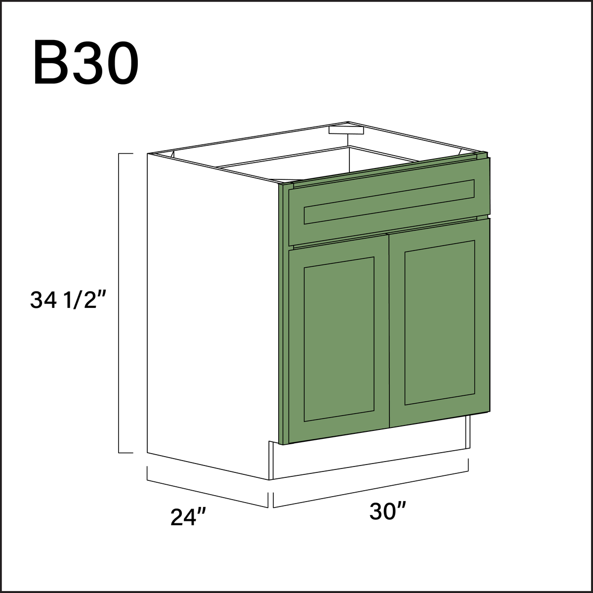 Emerald Green Shaker 1 Drawer 2 Door Kitchen Base Cabinet - 30&quot; W x 34.5&quot; H x 24&quot; D