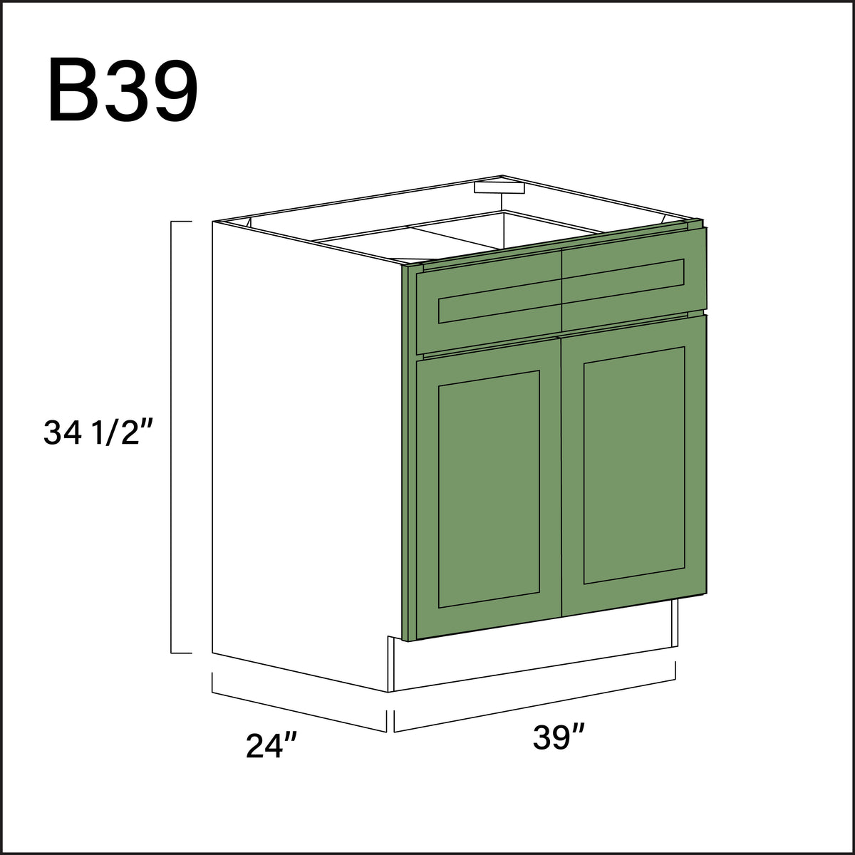 Emerald Green Shaker 2 Drawer 2 Door Kitchen Base Cabinet - 39&quot; W x 34.5&quot; H x 24&quot; D