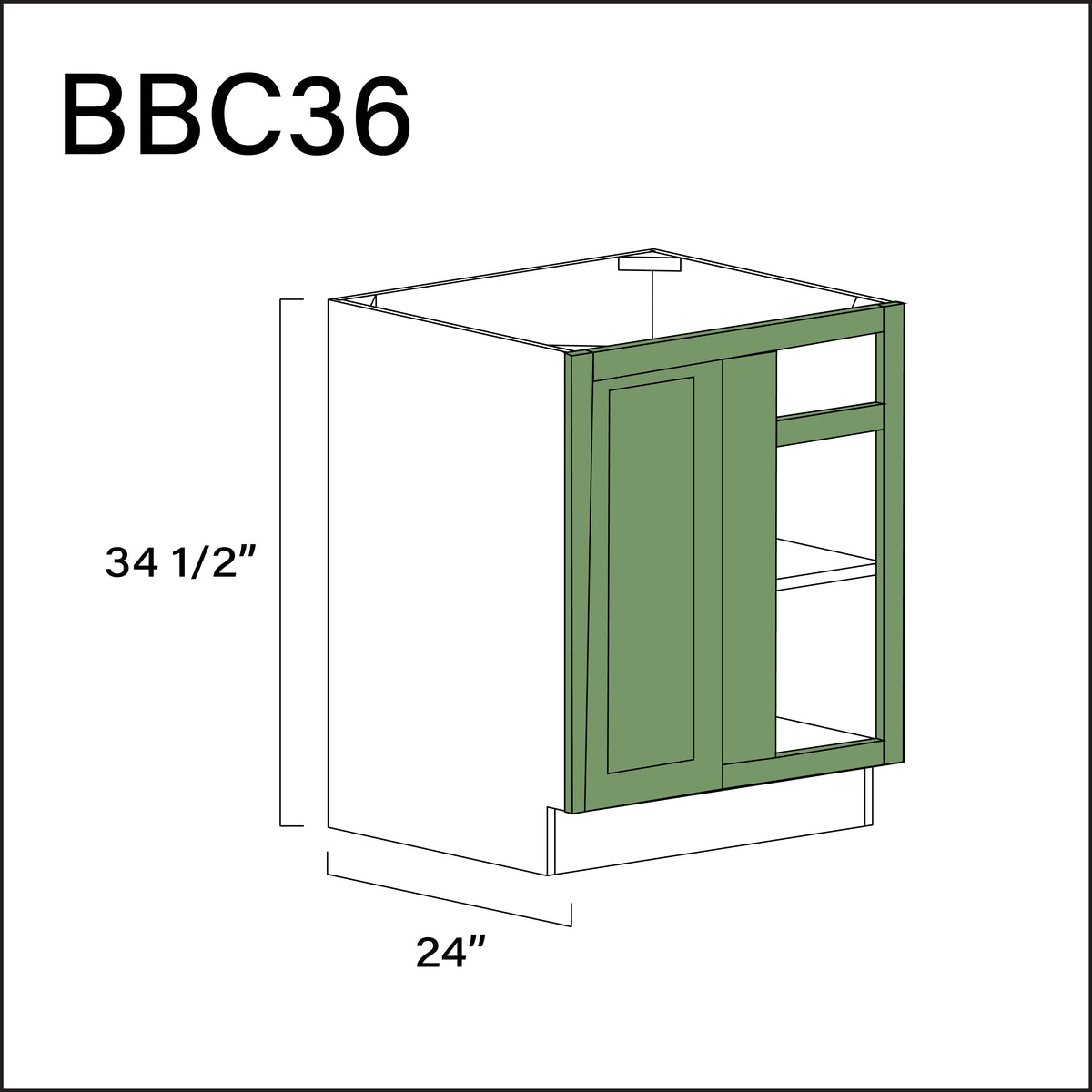 Emerald Green Shaker Base Blind Corner Cabinet - 36&quot; W x 34.5&quot; H x 24&quot; D