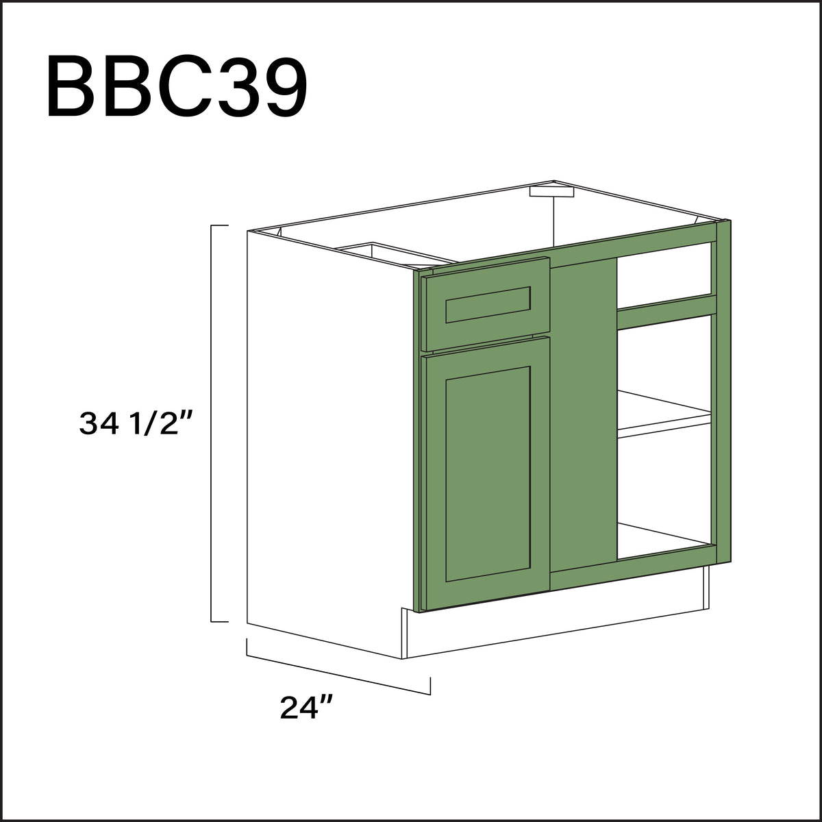 Emerald Green Shaker Base Blind Corner Cabinet - 36&quot; W x 34.5&quot; H x 24&quot; D