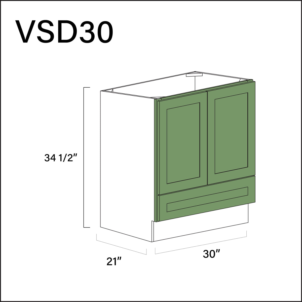 Emerald Green Shaker Bottom Drawer Vanity Sink Base Cabinet - 30&quot; W x 34.5&quot; H x 21&quot; D