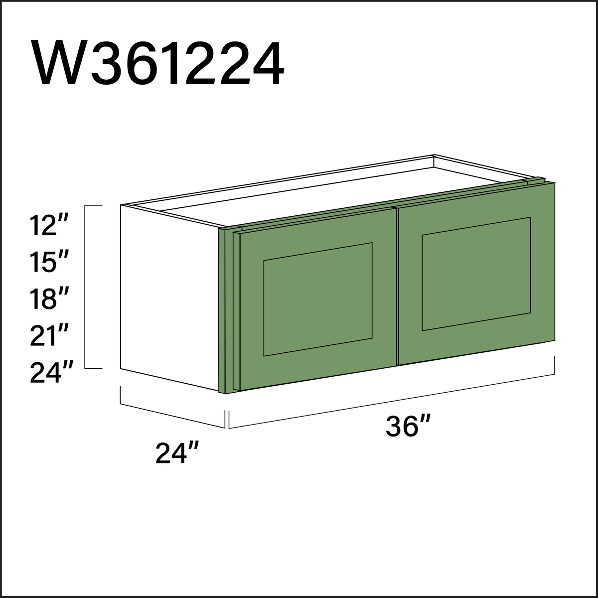 Emerald Green Shaker Wall Bridge Double Door Cabinet - 36&quot; W x 12&quot; H x 24&quot; D