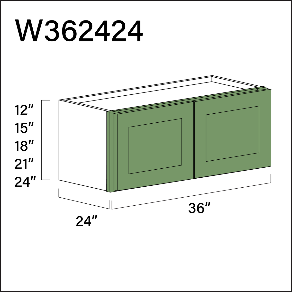 Emerald Green Shaker Wall Bridge Double Door Cabinet - 36&quot; W x 24&quot; H x 24&quot; D