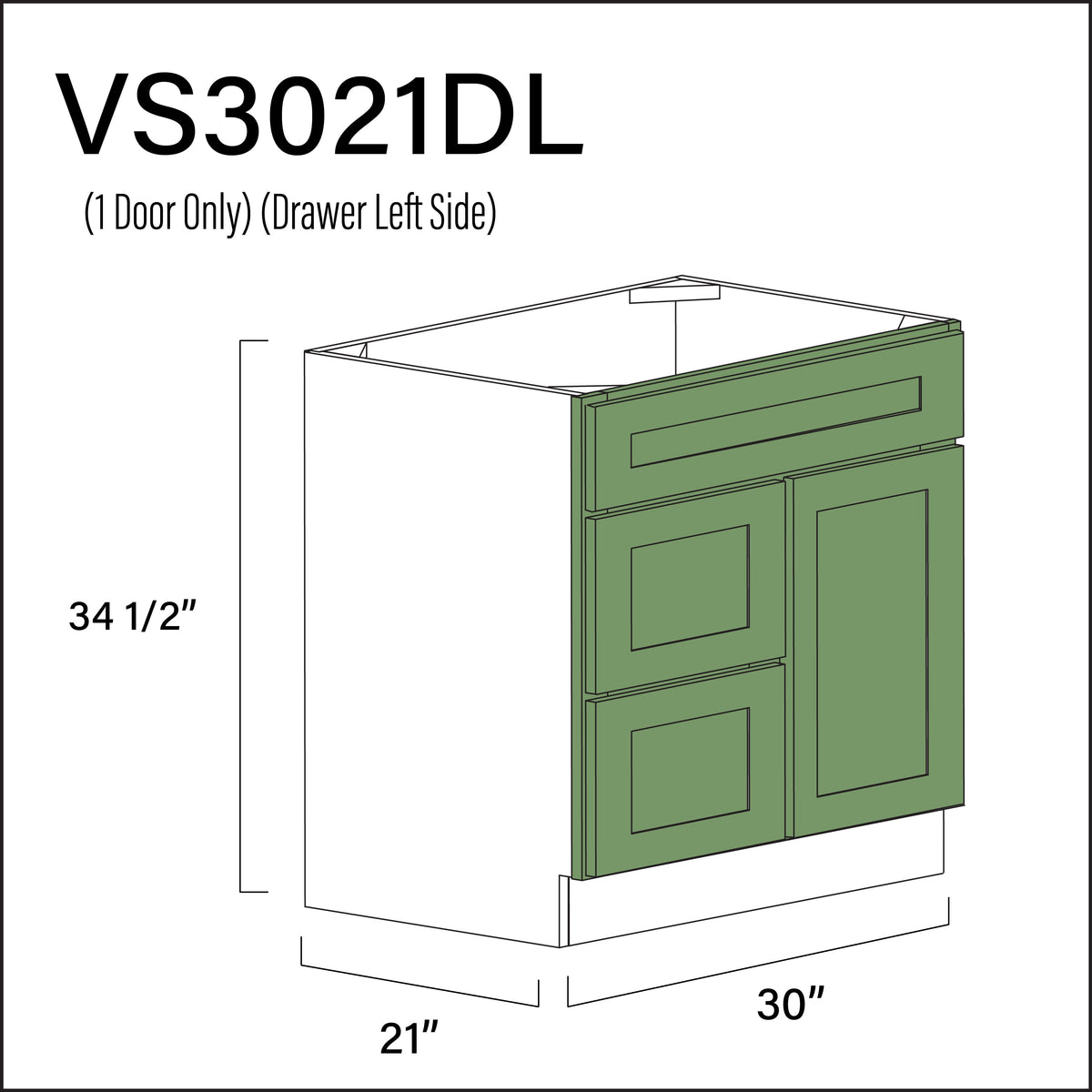 Emerald Green Shaker 2-Drawer Vanity (L) Base Cabinet - 30&quot; W x 34.5&quot; H x 21&quot; D