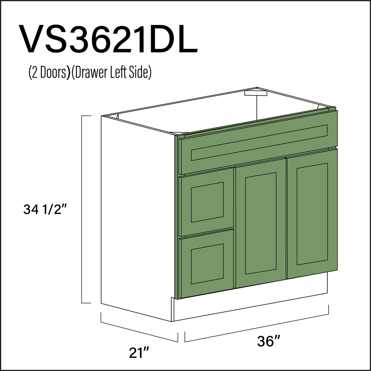 Emerald Green Shaker 2-Drawer Vanity (L) Base Cabinet - 36&quot; W x 34.5&quot; H x 21&quot; D