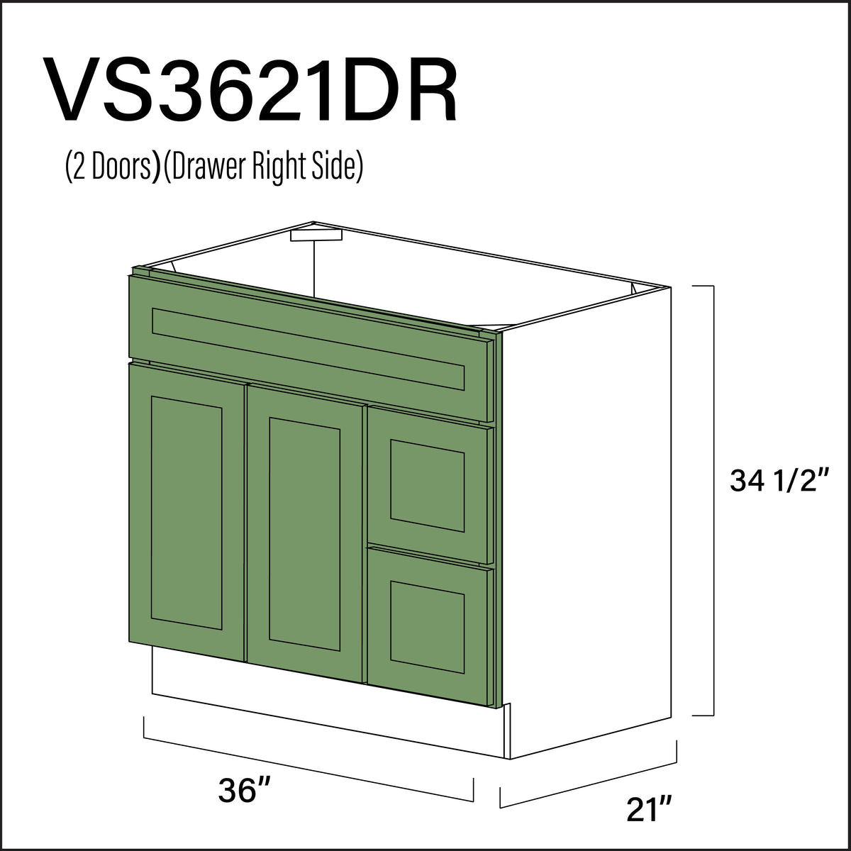 Emerald Green Shaker 2-Drawer Vanity (R) Base Cabinet - 36&quot; W x 34.5&quot; H x 21&quot; D