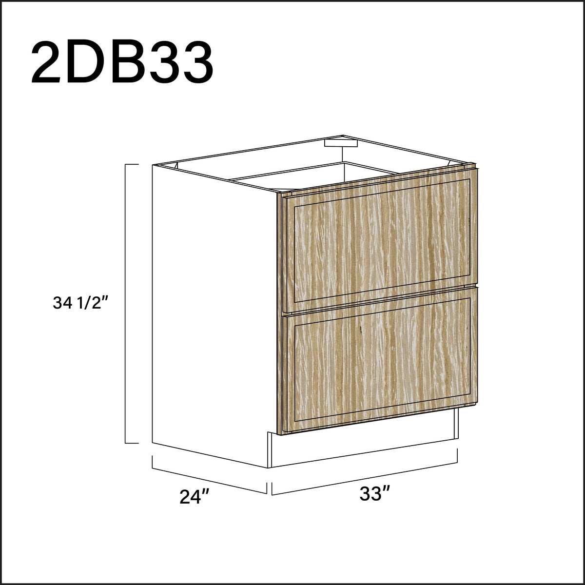 Oak Slim Shaker 2 Drawer Kitchen Base Cabinet - 33&quot; W x 34.5&quot; H x 24&quot; D