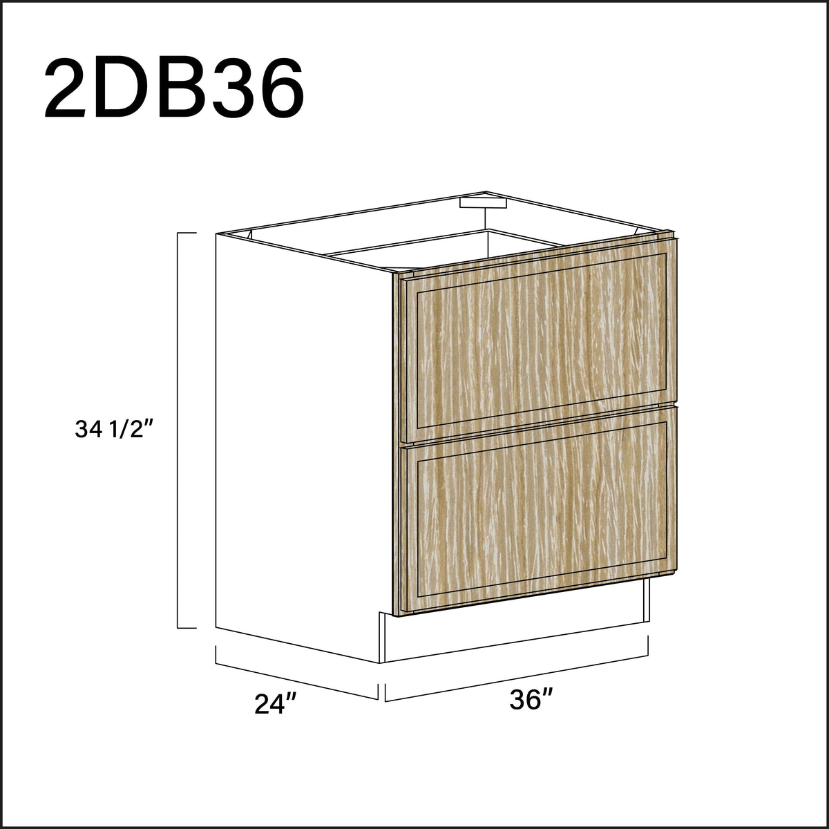 Oak Slim Shaker 2 Drawer Kitchen Base Cabinet - 36&quot; W x 34.5&quot; H x 24&quot; D