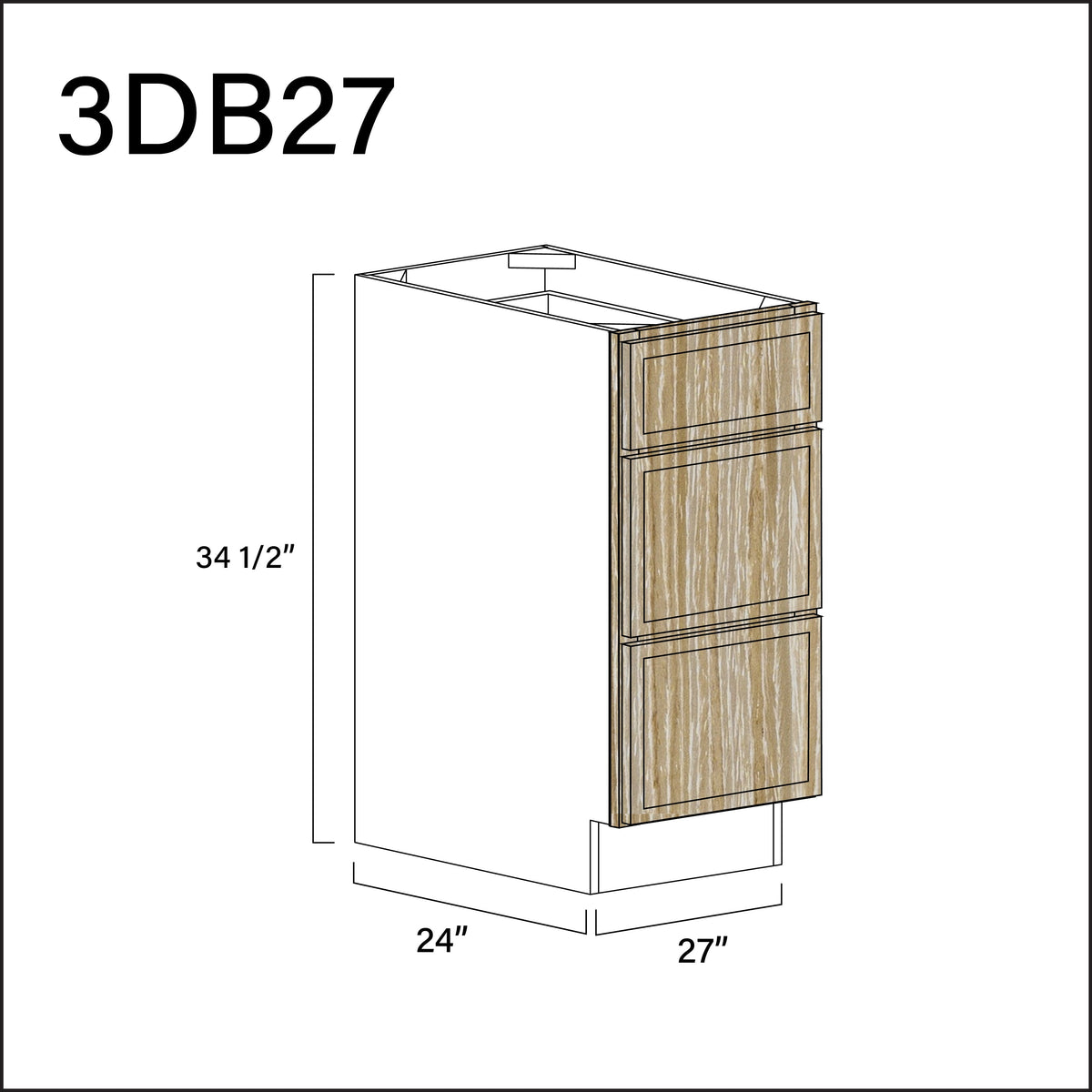 Oak Slim Shaker 3 Drawer Kitchen Base Cabinet - 27&quot; W x 34.5&quot; H x 24&quot; D