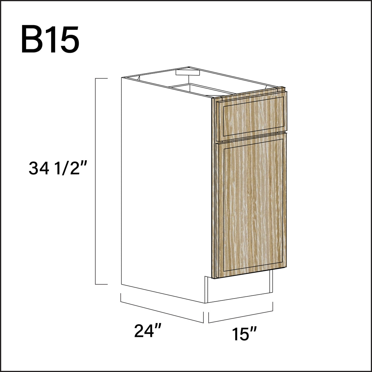 Oak Slim Shaker 1 Drawer 1 Door Kitchen Base Cabinet - 15&quot; W x 34.5&quot; H x 24&quot; D