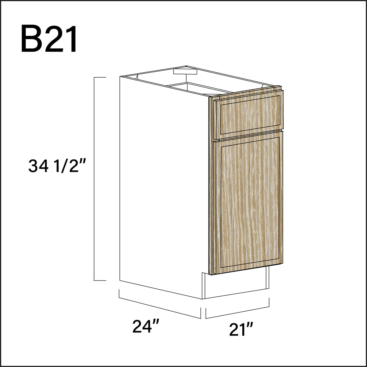 Oak Slim Shaker 1 Drawer 1 Door Kitchen Base Cabinet - 21&quot; W x 34.5&quot; H x 24&quot; D