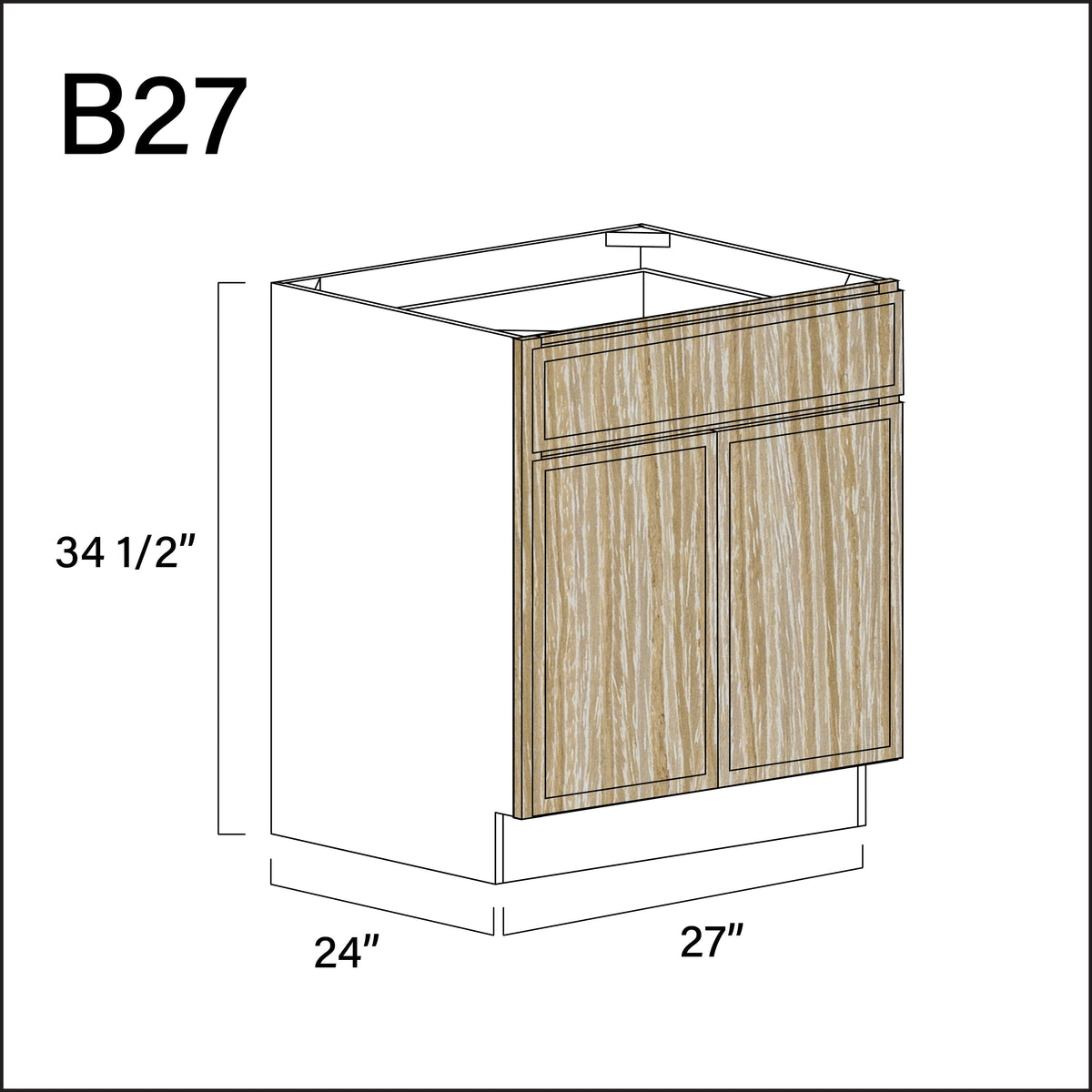 Oak Slim Shaker 1 Drawer 2 Door Kitchen Base Cabinet - 27&quot; W x 34.5&quot; H x 24&quot; D