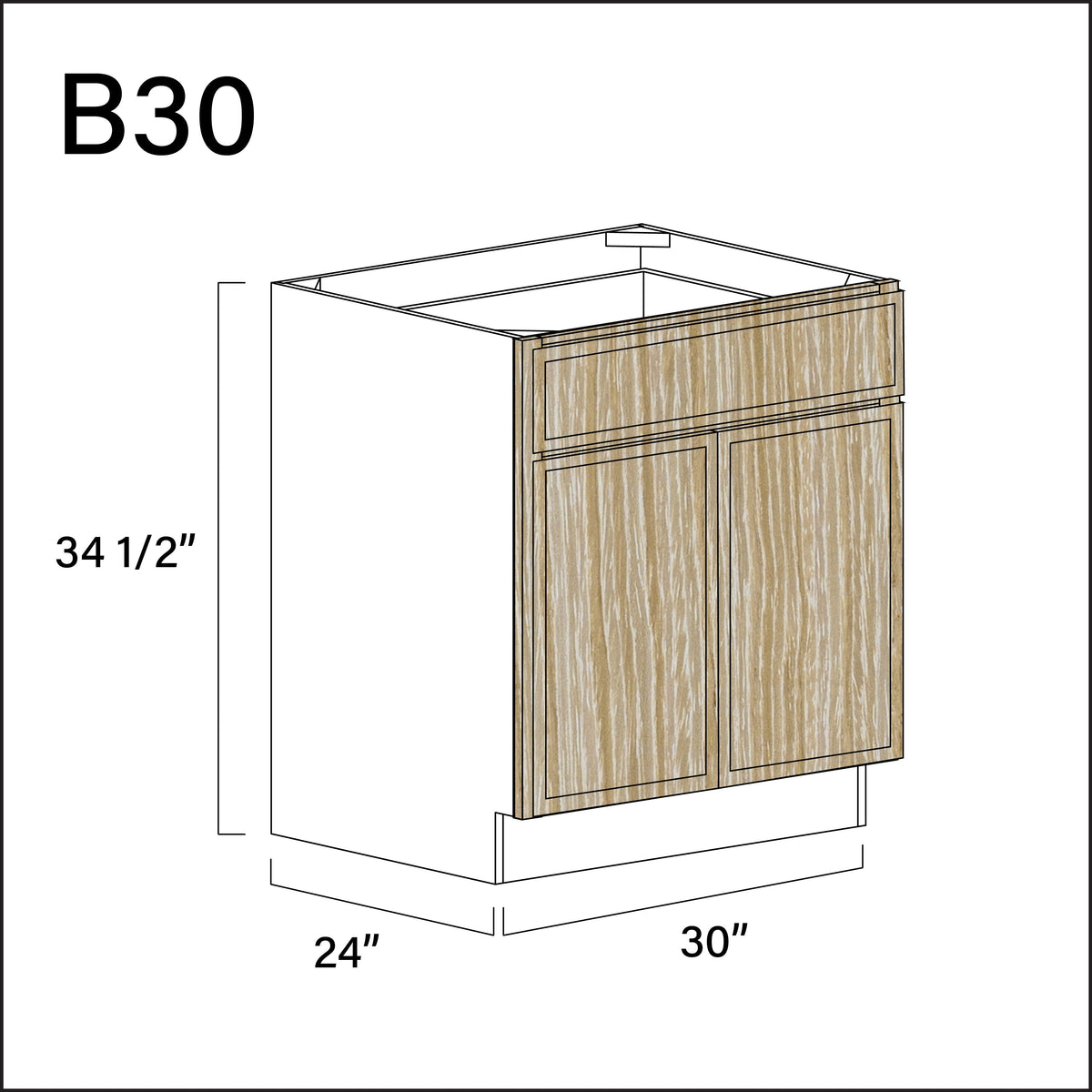 Oak Slim Shaker 1 Drawer 2 Door Kitchen Base Cabinet - 30&quot; W x 34.5&quot; H x 24&quot; D