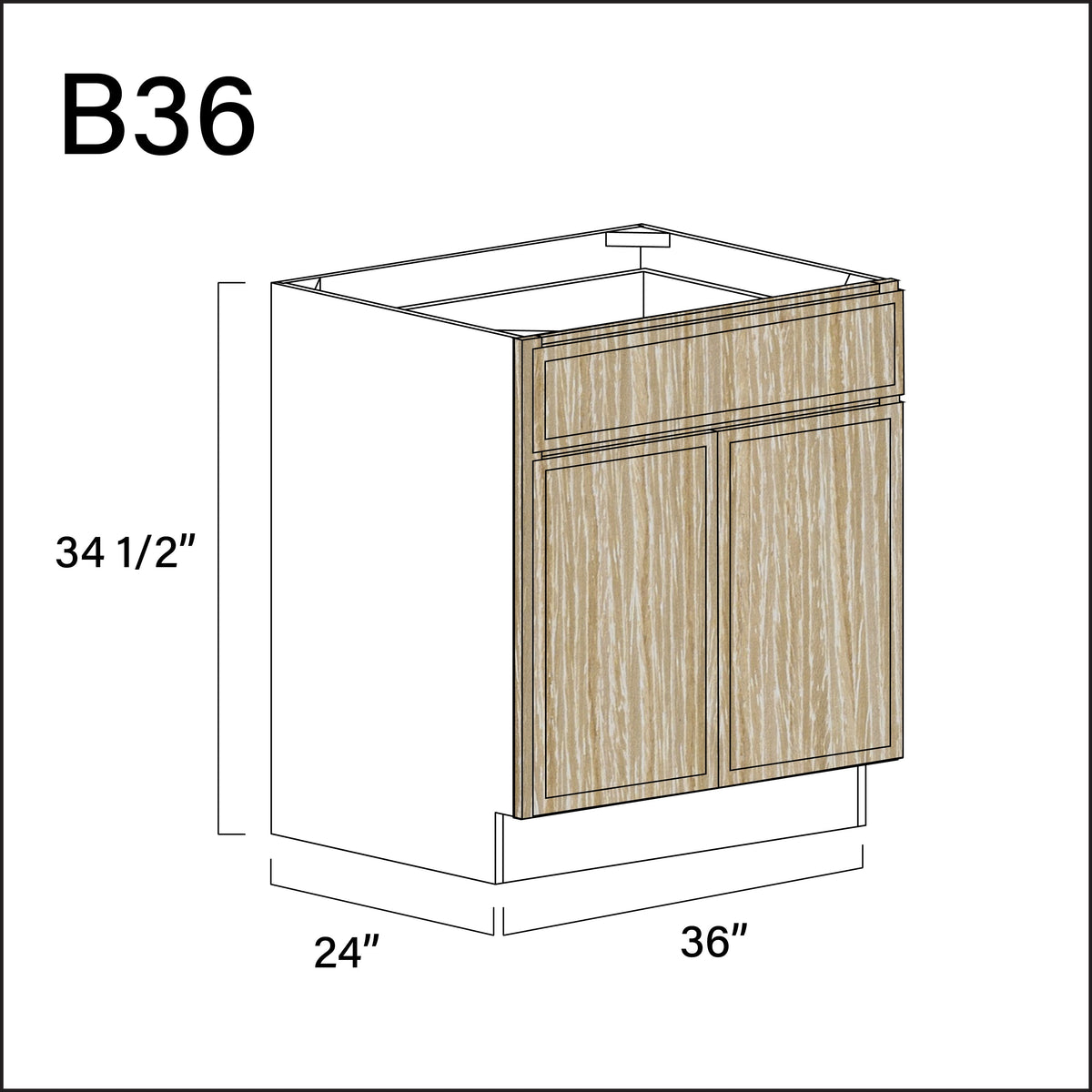 Oak Slim Shaker 1 Drawer 2 Door Kitchen Base Cabinet - 36&quot; W x 34.5&quot; H x 24&quot; D