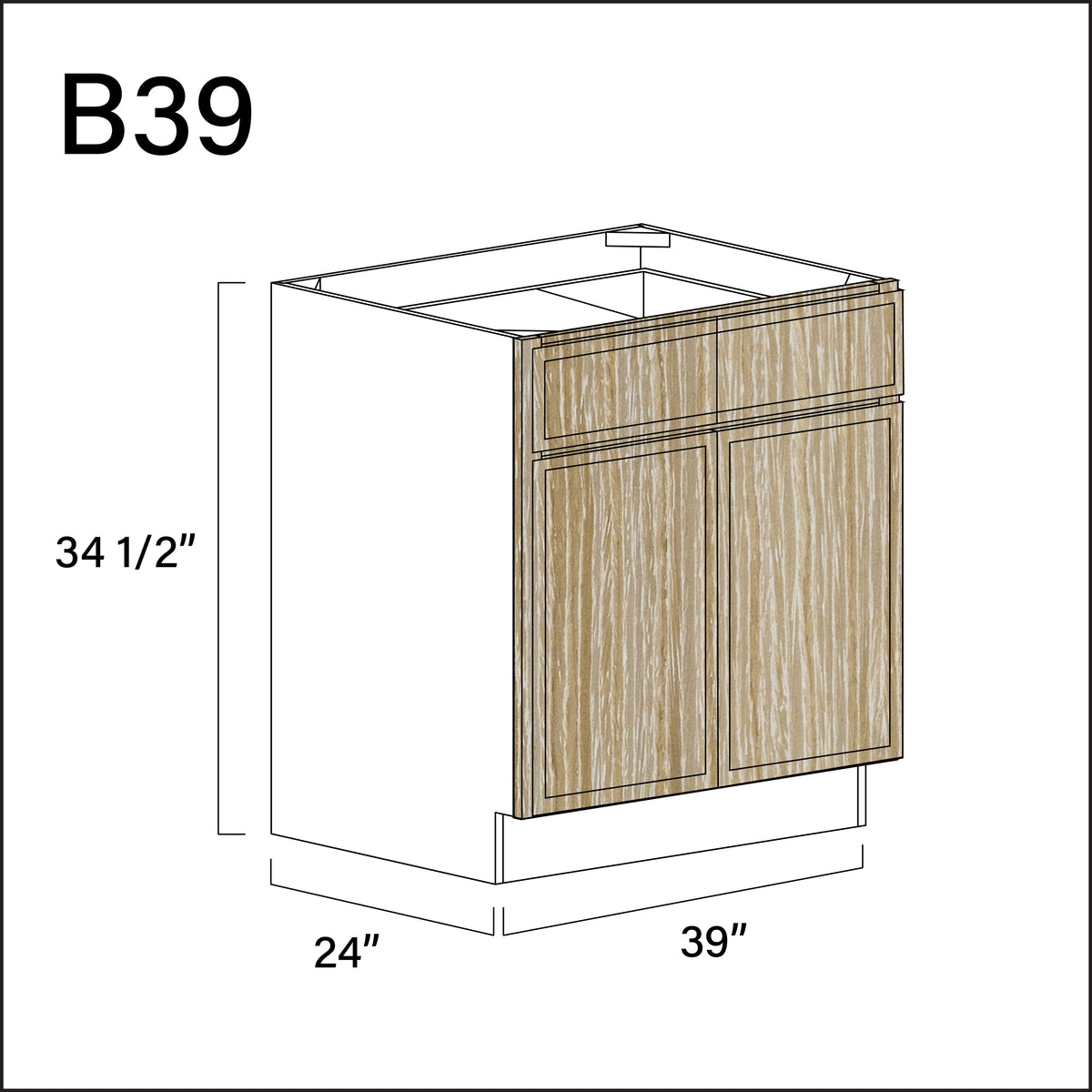 Oak Slim Shaker 2 Drawer 2 Door Kitchen Base Cabinet - 39&quot; W x 34.5&quot; H x 24&quot; D